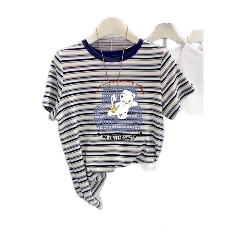 2025 New round-neck pure cotton off-the-shoulder short-sleeved T-shirt for women, fashionable and versatile, slimming striped top base layer for summer Item Picture