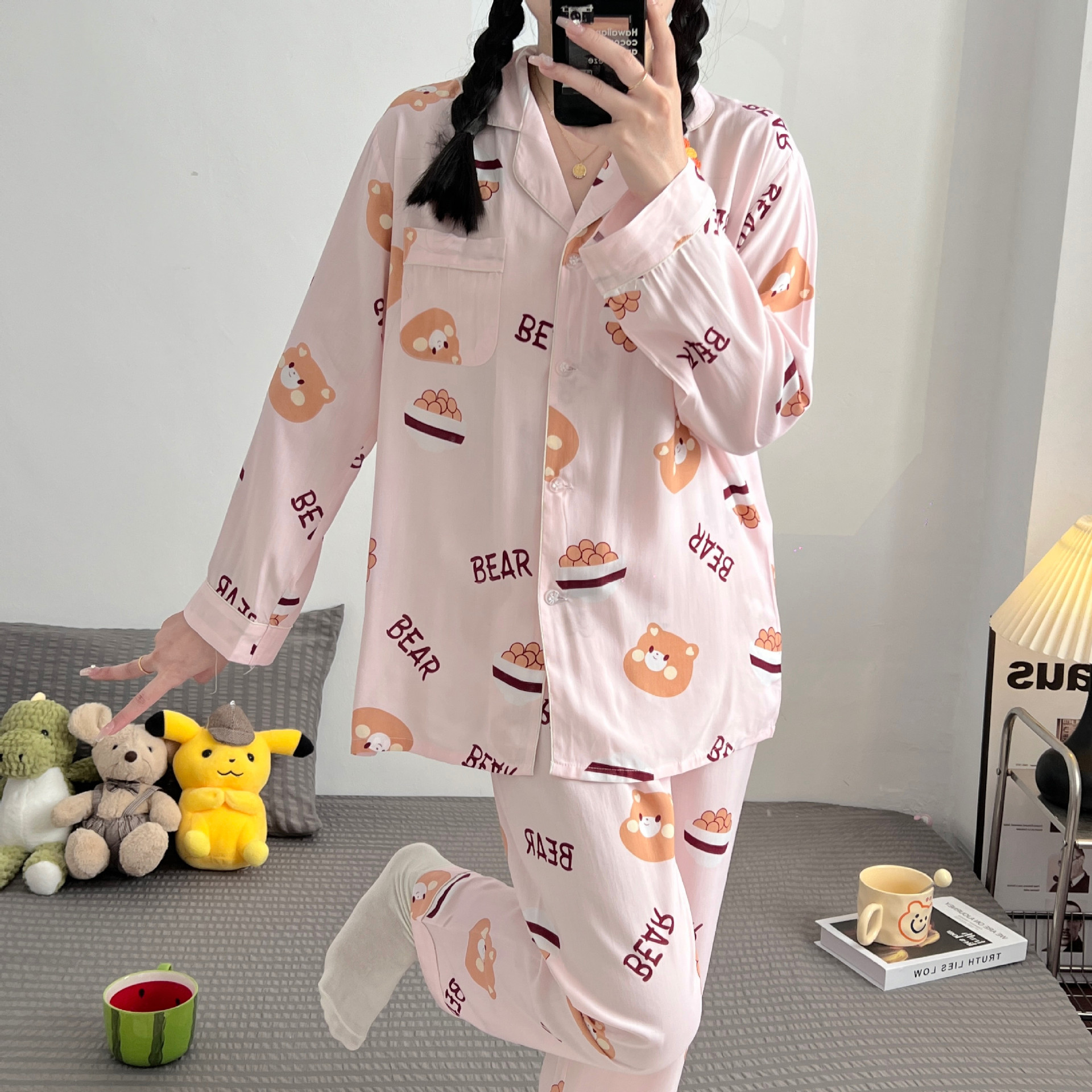Cotton Silk Pajamas Women New Casual Light And Comfortable Korean Version Of Sweet And Cute Network Red Wind Can Be Worn Outside The Home Suit details Picture