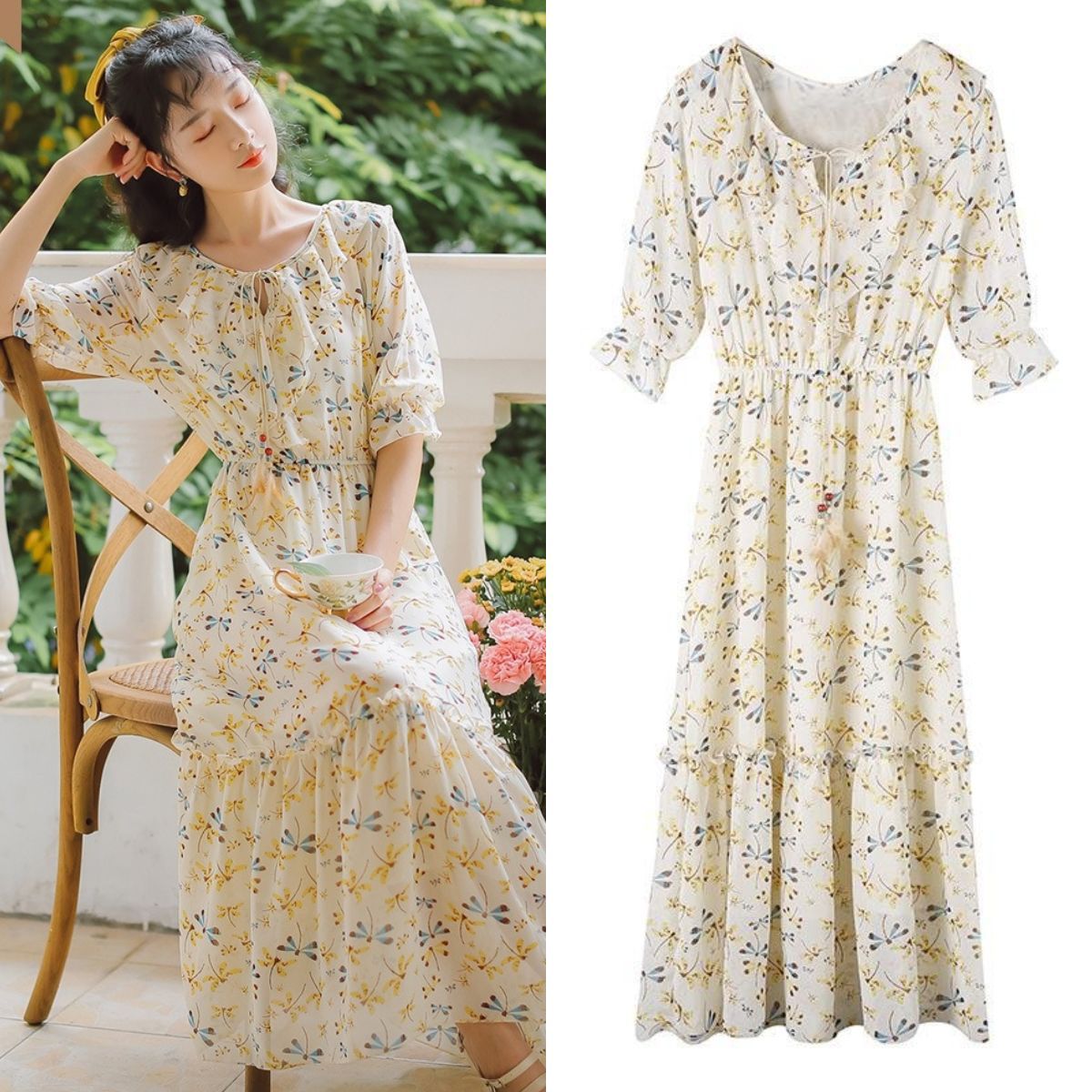 新款甜美碎花连衣裙女2024夏季收腰喇叭袖系带大摆遮腿小蜻蜓长裙