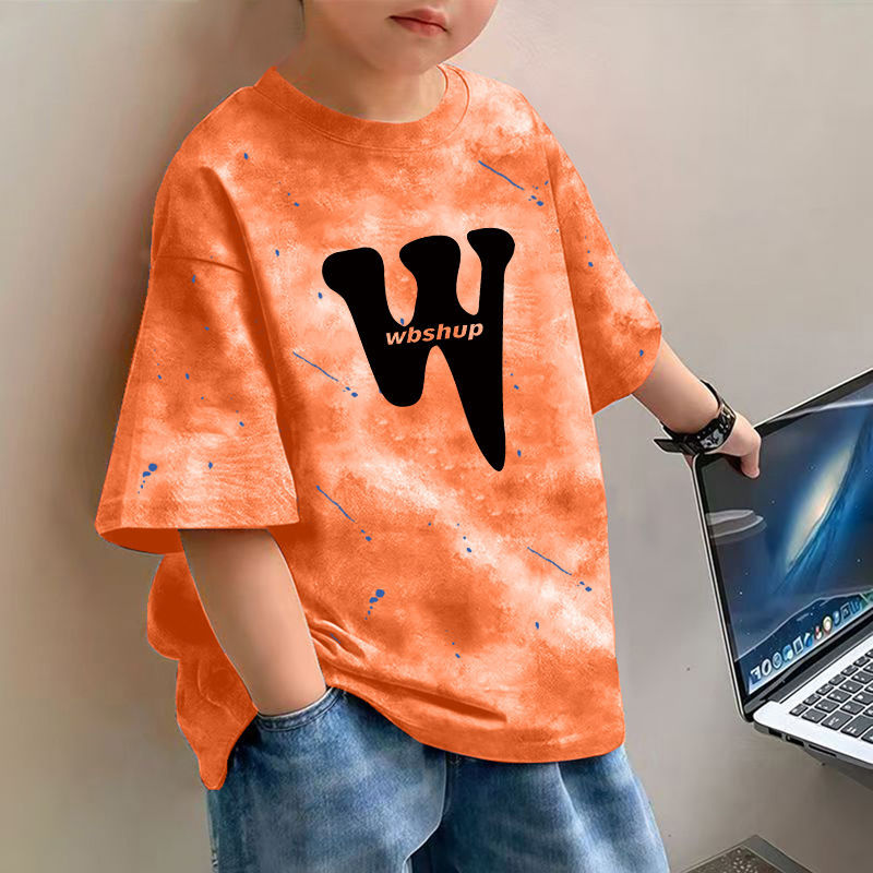 100% pure cotton boys' T-shirt, short-sleeved, cool summer, half-sleeved, round-neck, loose top, medium and large children's clothing, ins style details Picture