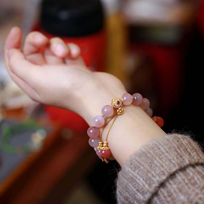 S925 Silver Natural Salt Source agate Bauhinia flower bracelet, Pearl Salt Source Wish Ring, Peace Buckle DIY jewelry, Chinese style Specification image