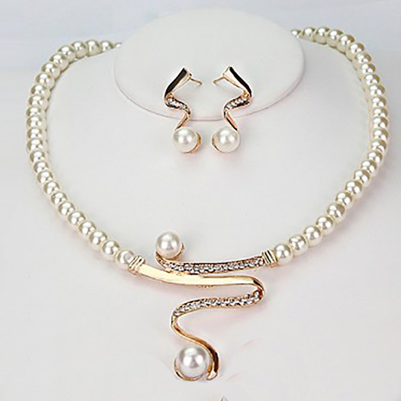 Pearl inlaid diamond necklace earrings wedding jewelry set 2 sets act the role of set bride jewelry manufacturers wholesale lady full figure