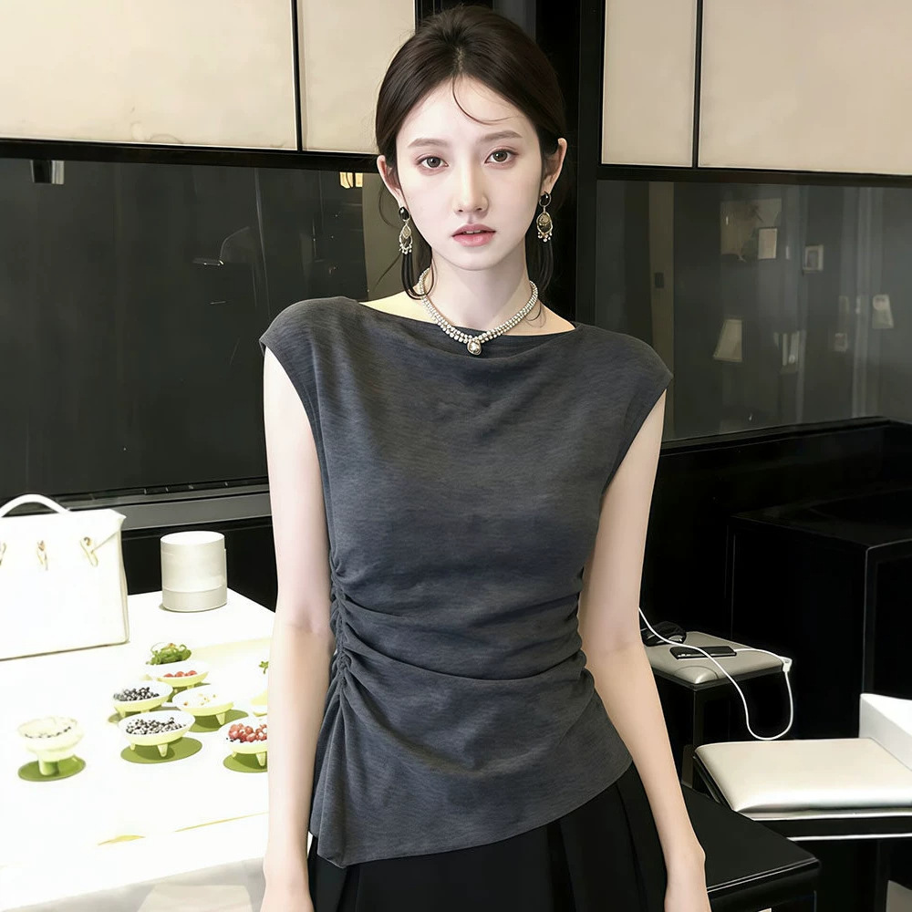 Summer 2026 Design sense cinched waist, small flying sleeve, shoulder, short-sleeved T-shirt for women's summer, slim and stylish mini top 11843 Specification image