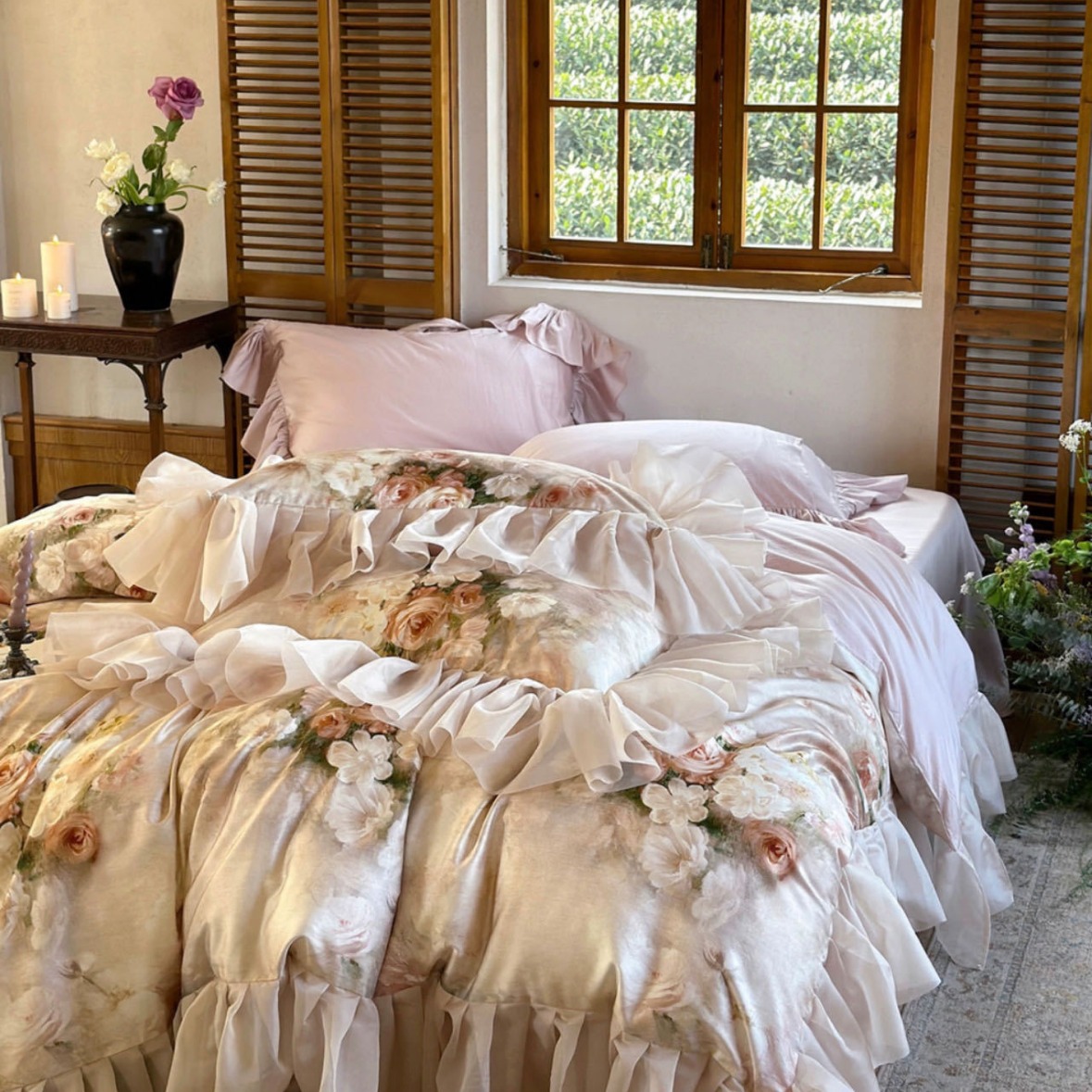 French romantic floral Lyocell cotton four-piece set spring and summer cool retro style printed silky bedding Specification image