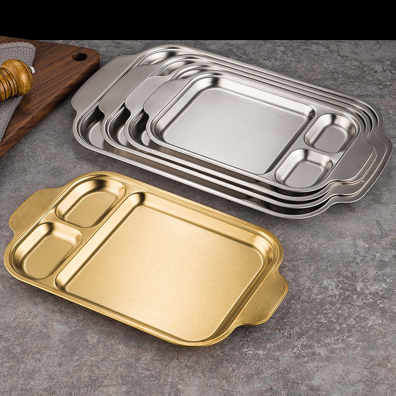 Korean-Style Stainless Steel Partitioned Barbecue Plate, Golden Double-Eared Square Plate, Flat Base, Restaurant Sushi Square Tray, Shallow Plate details Picture
