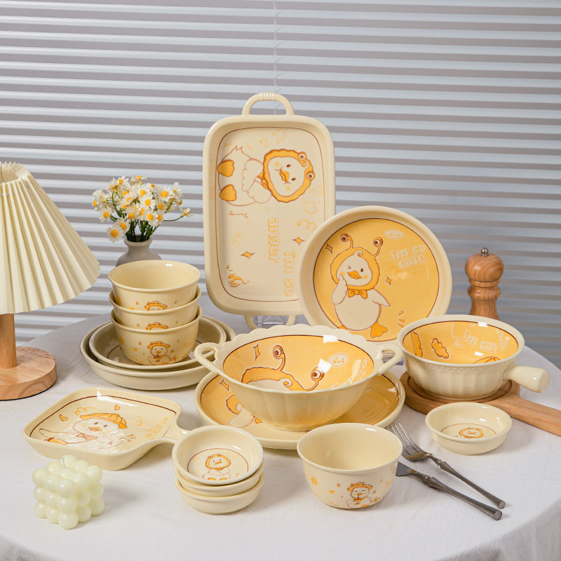 Net Red High Appearance Level Cute Duck Plate Ceramic Bowl Cartoon Cute Fun Wind Underglaze Color Ceramic Tableware Thickened High Temperature Resistance Application Scenario