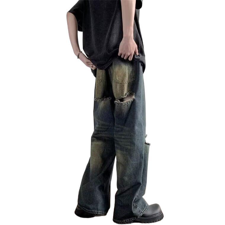 Custom-made American retro yellow mud-dyed ripped jeans for men, Xia Chao Item Picture