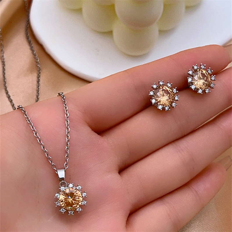 Live-streaming niche wholesale, high-end full diamond sunflower stud necklace, elegant earrings and jewelry 2-piece set, ins style
