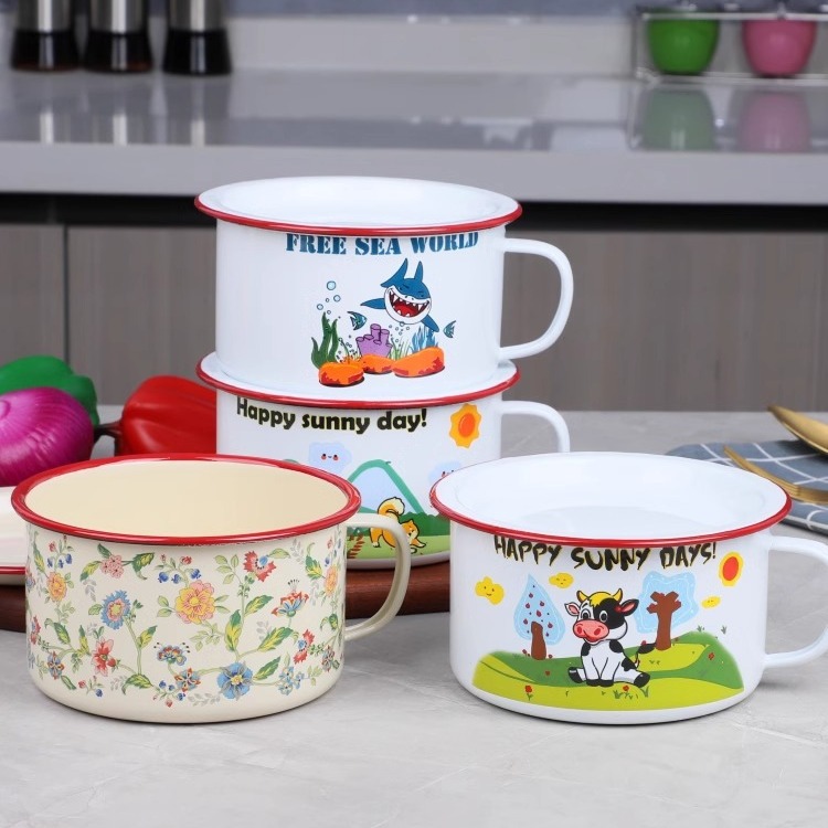 Red-rimmed old-fashioned enamel instant noodle bowl with lid, thickened student fast food cup, cafeteria tea and rice bowl, lunch box, nostalgic soup bowl Specification image