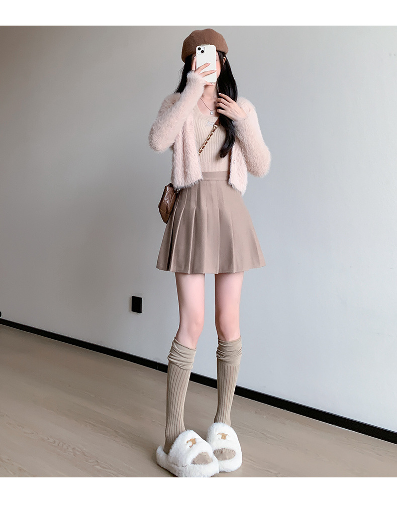 New pleated skirt for women in autumn and winter, thickened woolen short skirt, high-waisted Korean A-line slimming, large-sized skirt pic 36