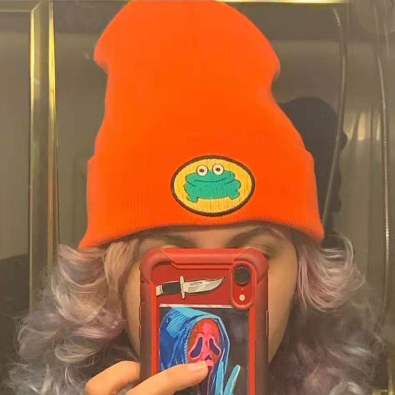 卡通青蛙毛线帽parappa the rapper针织帽套头保暖冷帽男女学生帽