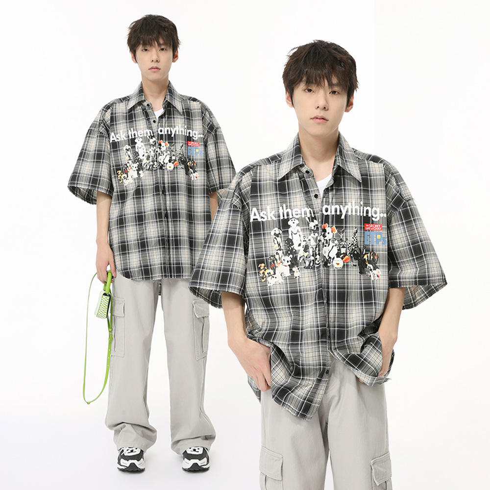 MTLCLOTHES男装|2024夏款新品 小众趣味复古卡通印花格子衬衫休闲