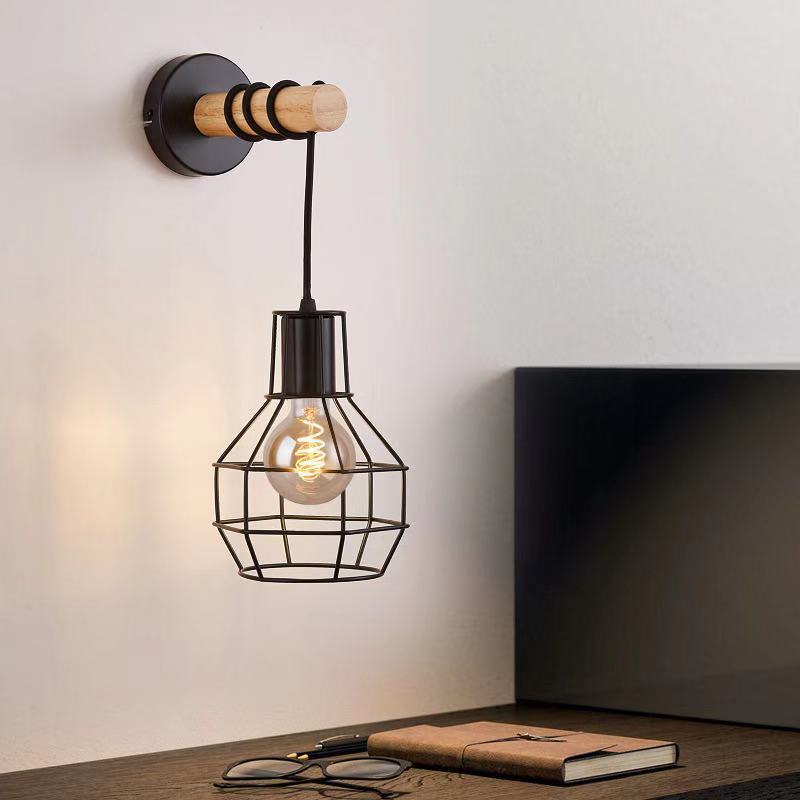 American Creative Wood Art Personality Bedroom Hallway Wall Lamp American Iron Lampshade Foreign Trade E27 Single Head Wall Lamp Specification drawing