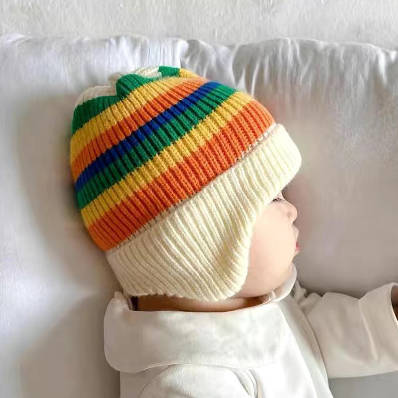 2022 Baby Hat Autumn Winter Men's And Women's Overhead Ear Protection Hat Korean Version Of Rainbow Knitted Hat Children's Warm Woolen Hat Tide