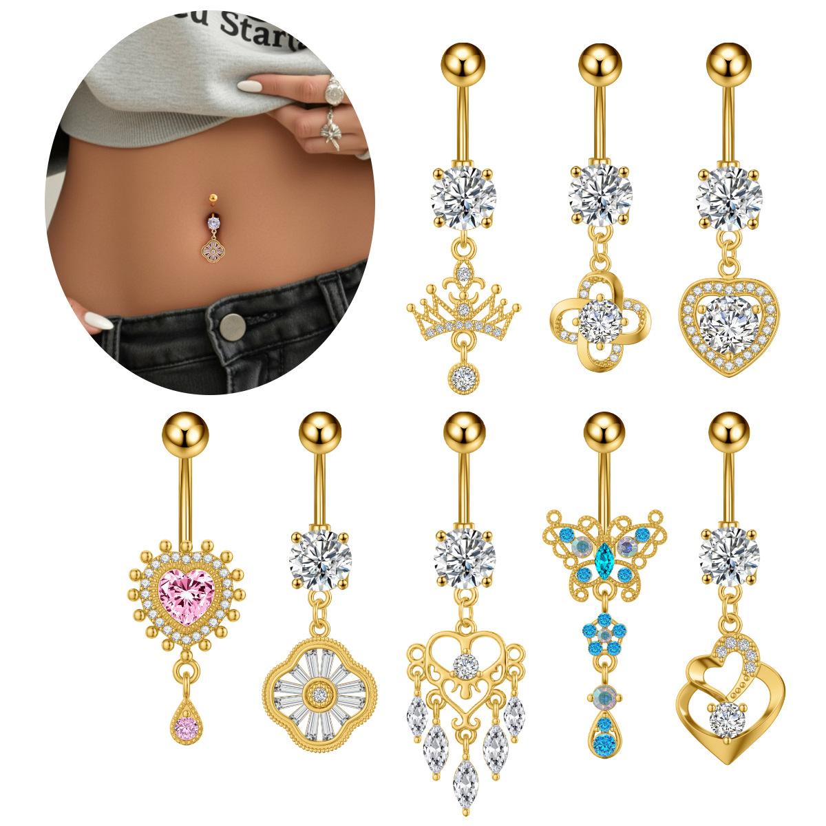 跨境新款梯方锆石粉色爱心肚脐环蓝色蝴蝶皇冠穿刺肚脐钉肚脐扣