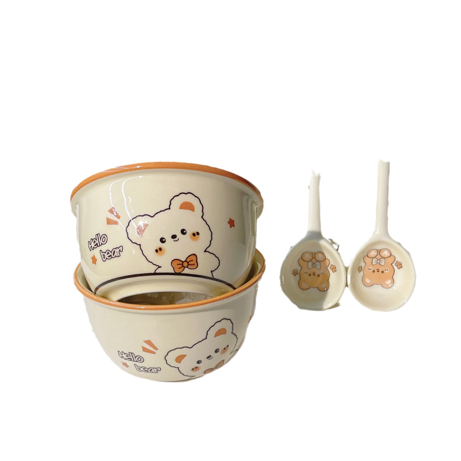 【Hello Bear 2 Bowls 2 Spoons 】4.75 Inch Rice Bowl Large Capacity Complementary Food Bowl Ceramic Student Dormitory Bowl Item Picture