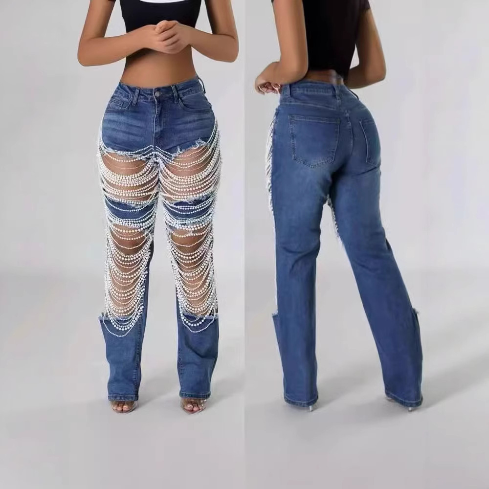 INS Amazon AliExpress Cross-border 2026 Ripped jeans, women's chain beaded pendant straight-leg pants