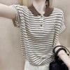 This year, ice silk short-sleeved summer striped T-shirts are in vogue. Women's little rabbit embroidered color-blocking button polo collar knitted sweaters are thin details Picture