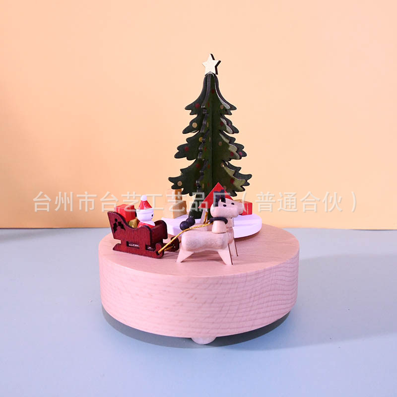 圣诞木质旋转音乐盒圣诞老人麋鹿车节日礼物木质八音盒