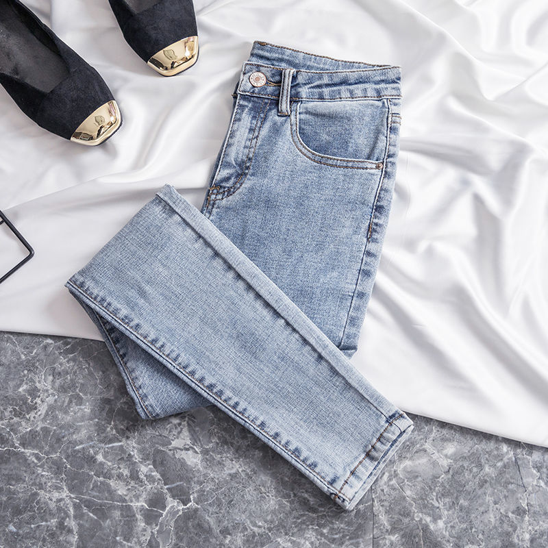 Women's high-waisted stretch jeans, 2021 Spring and autumn new Korean-style slimming and form-fitting light-colored nine-inch skinny pants details Picture