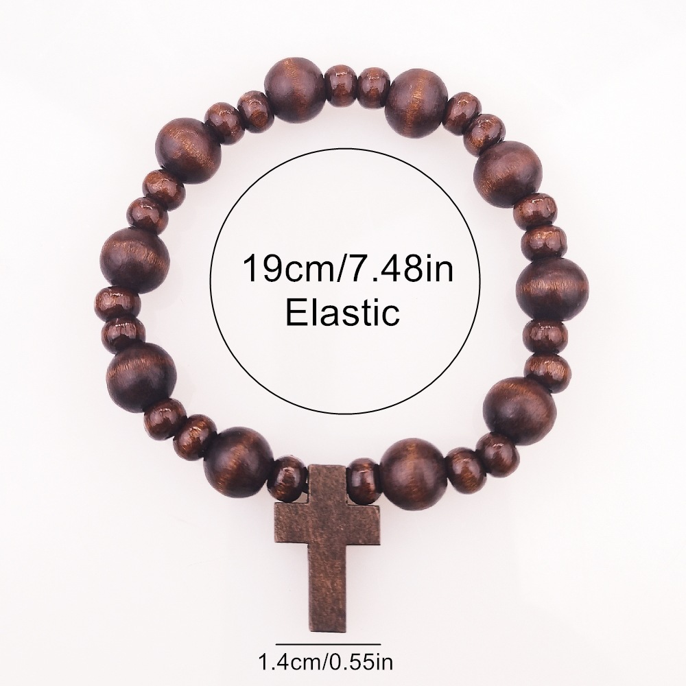 Europe And The United States Cross-Border Amazon Temu Foreign Trade Selling Retro Wood Bead Cross Bracelet For Men And Women Handmade Elastic Bracelet Couple Jewelry Specification drawing