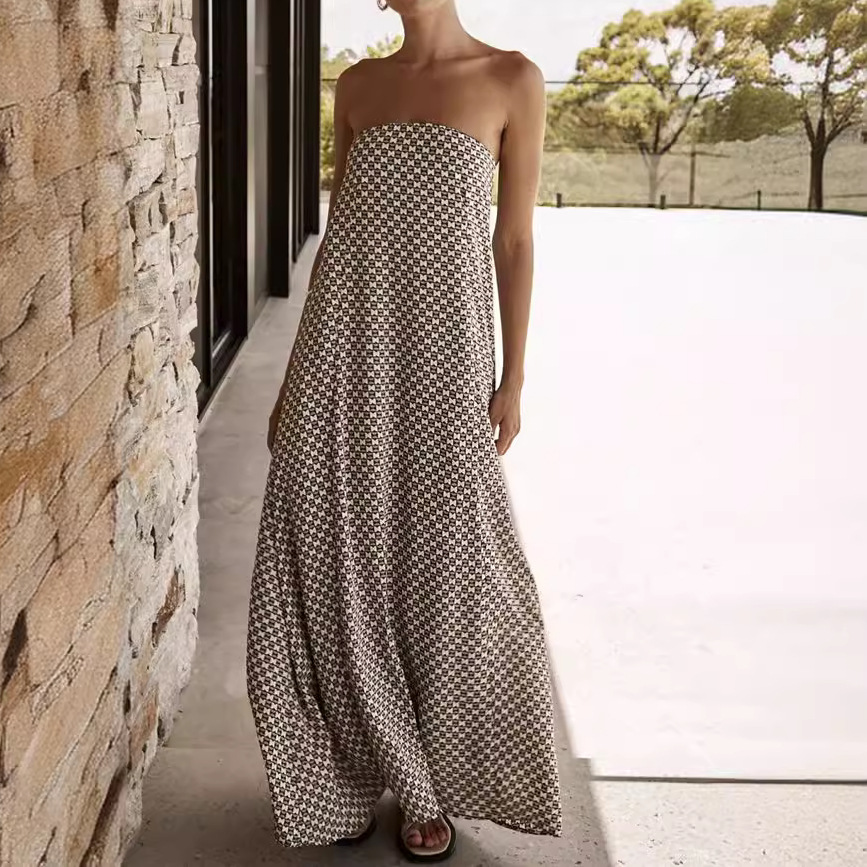 Source Factory 2024 European and American Summer new simple style one-shoulder printed vacation street sleeveless dress for women details Picture