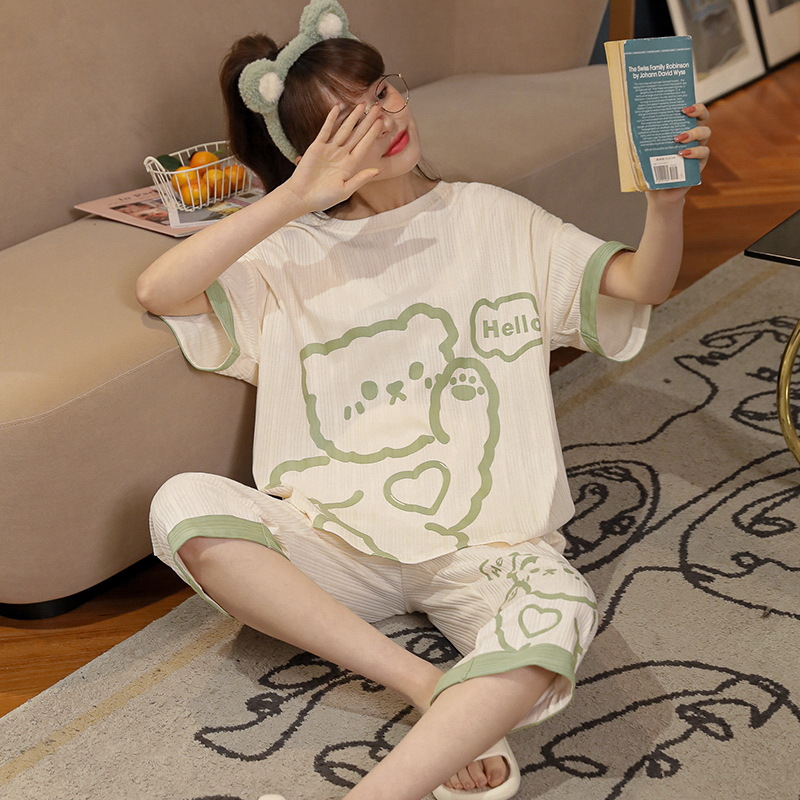Summer cotton thin short-sleeved capri pants for women, Korean-style casual spring and autumn large-sized home wear that can be worn outside details Picture