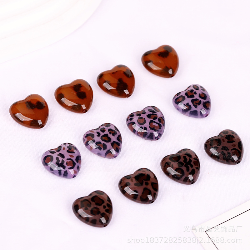 Versatile heart leopard print beaded vertical hole plastic beads diy mobile phone chain, bracelet, keychain, headband accessory