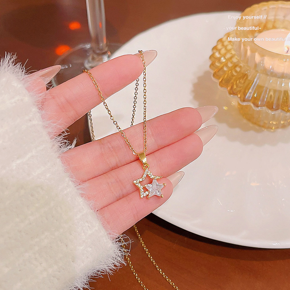 Temperament Pentacle Necklace Light Luxury Minority Zircon Pendant Fashion All-Match Titanium Steel Clavicle Chain Senior Sense Accessories Women