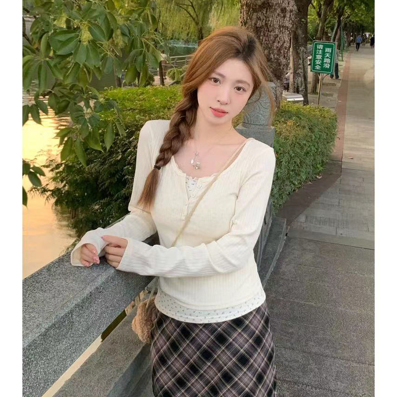 蕾丝花边长袖打底衫女装潮2024秋冬设计感低领锁骨假两件碎花上衣