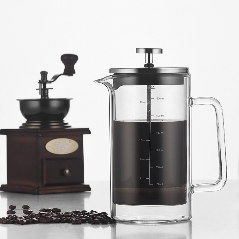 耐热直身双层法压壶玻璃咖啡壶家用咖啡器具法式滤压手冲壶带刻度