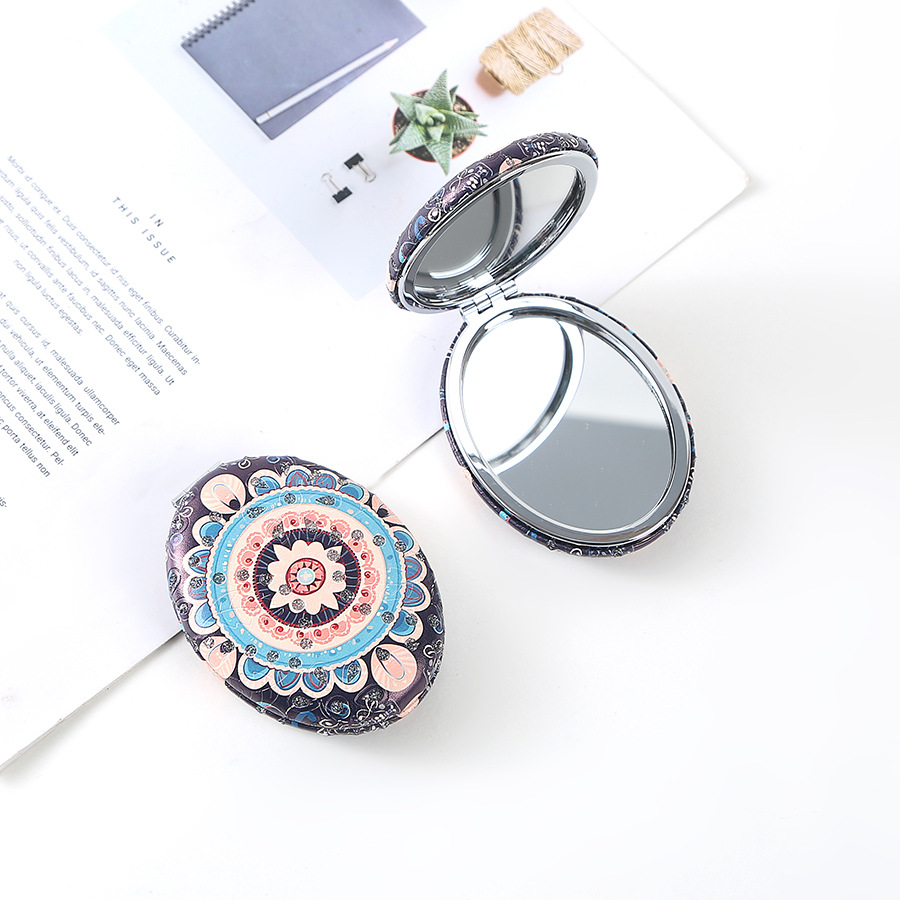 复古椎圆钻粉民族风双面折叠便携化妆镜厚款补妆镜日用百货详情7