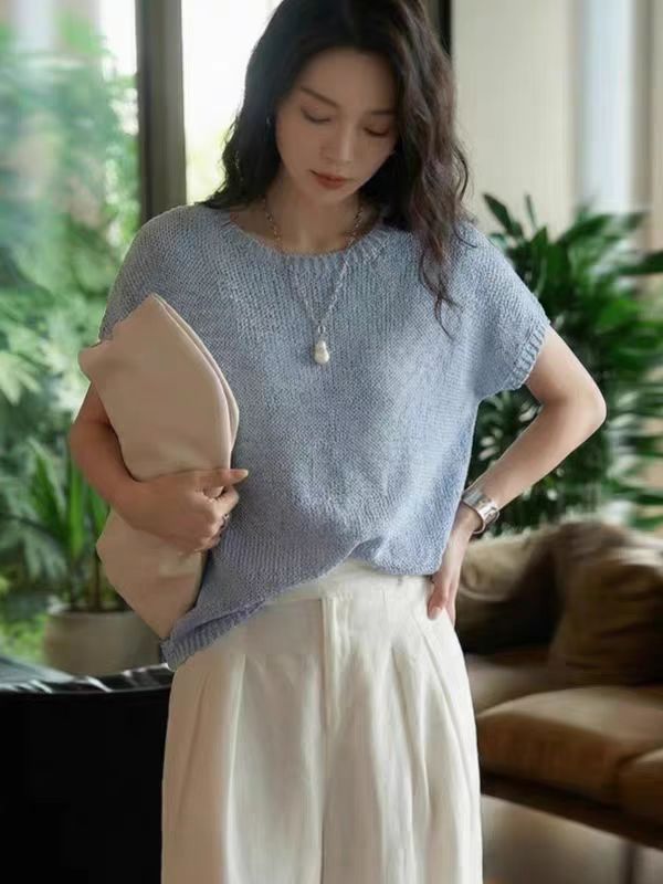 Cool and refreshing Tencel linen summer new knitted short-sleeved T-shirt for women, new round neck loose and breathable thin top for summer pic 3