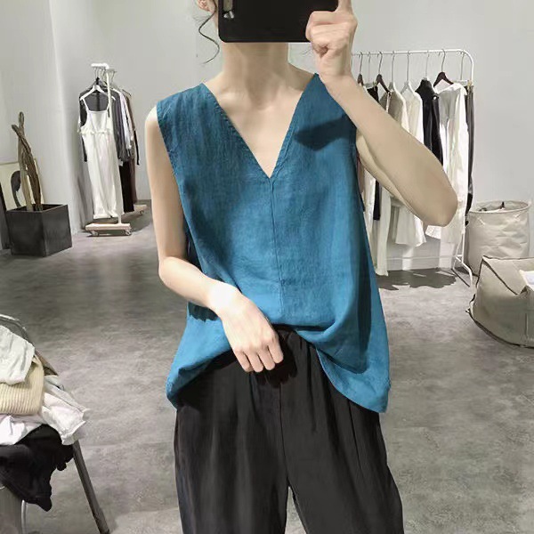 2022新款V领棉麻背心马甲女式文艺宽松显瘦韩版纯色简约无袖T恤女