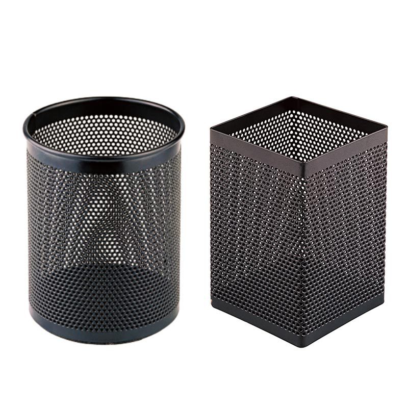 厂家批发齐心铁网镂空圆形笔筒金属网格方形笔插黑色收纳笔桶笔座
