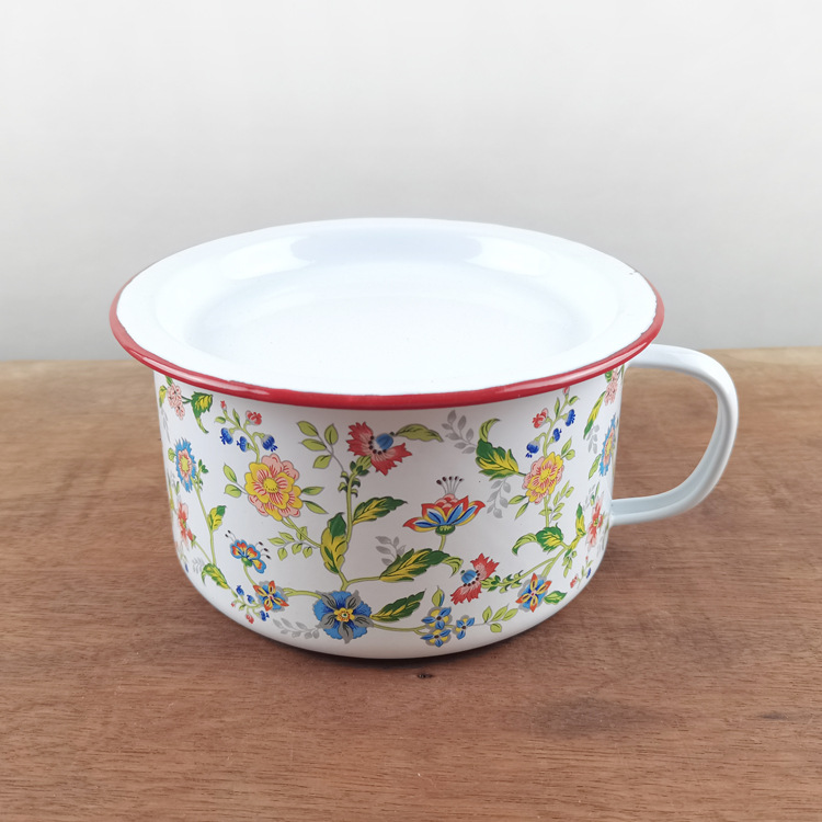 Red-rimmed old-fashioned enamel instant noodle bowl with lid, thickened student fast food cup, cafeteria tea and rice bowl, lunch box, nostalgic soup bowl details Picture