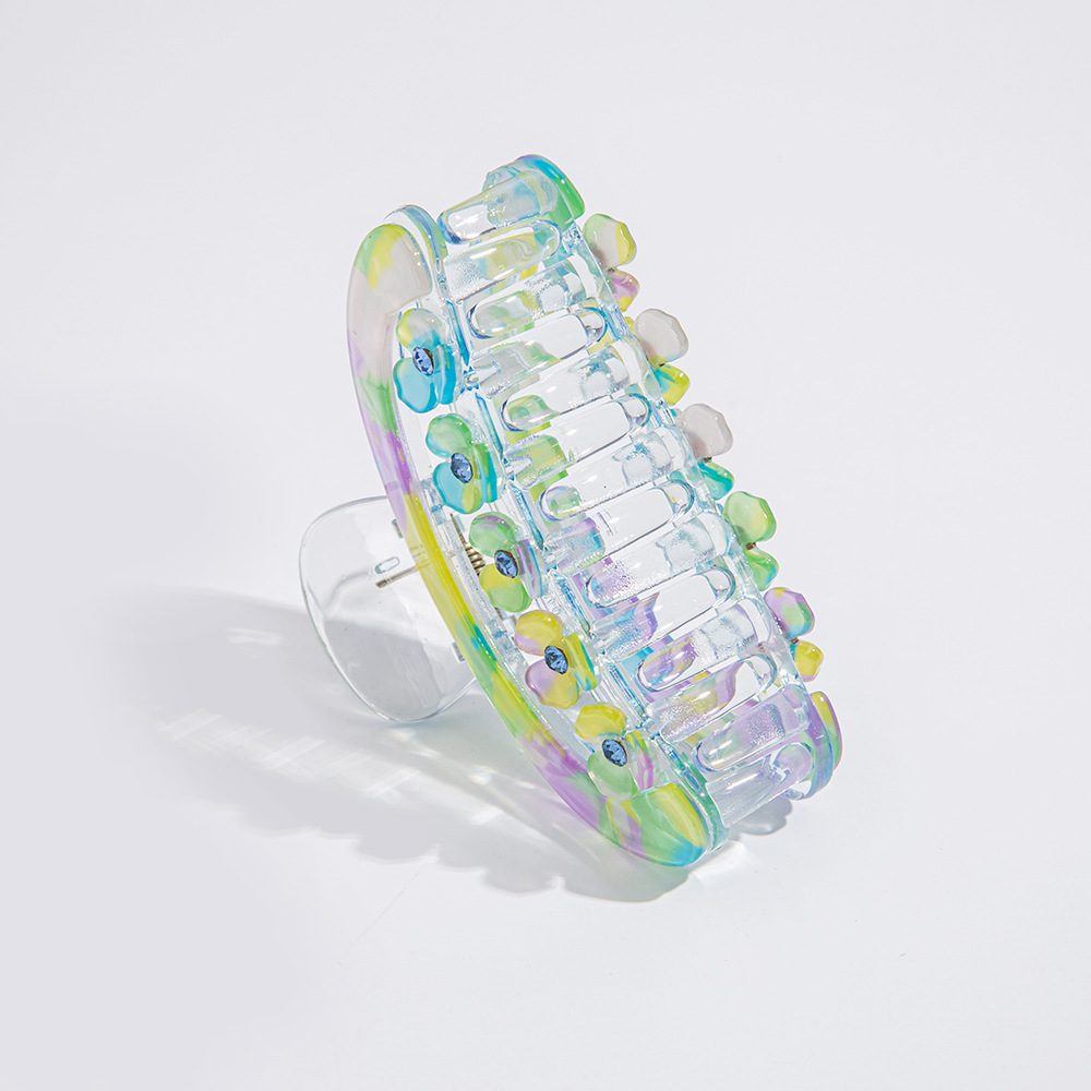 9cm medium-sized clipper flower hair clipper, three-leaf flower headwear, a new trendy diamond-encrusted hair clipper, iridesy acrylic clip Item Picture