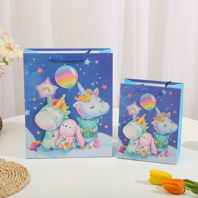 Cartoon Cute Unicorn 3D Patch Powder Gift Bag Tote Bag Hot Gold Paper Bag Birthday Gift With Gift South details Picture