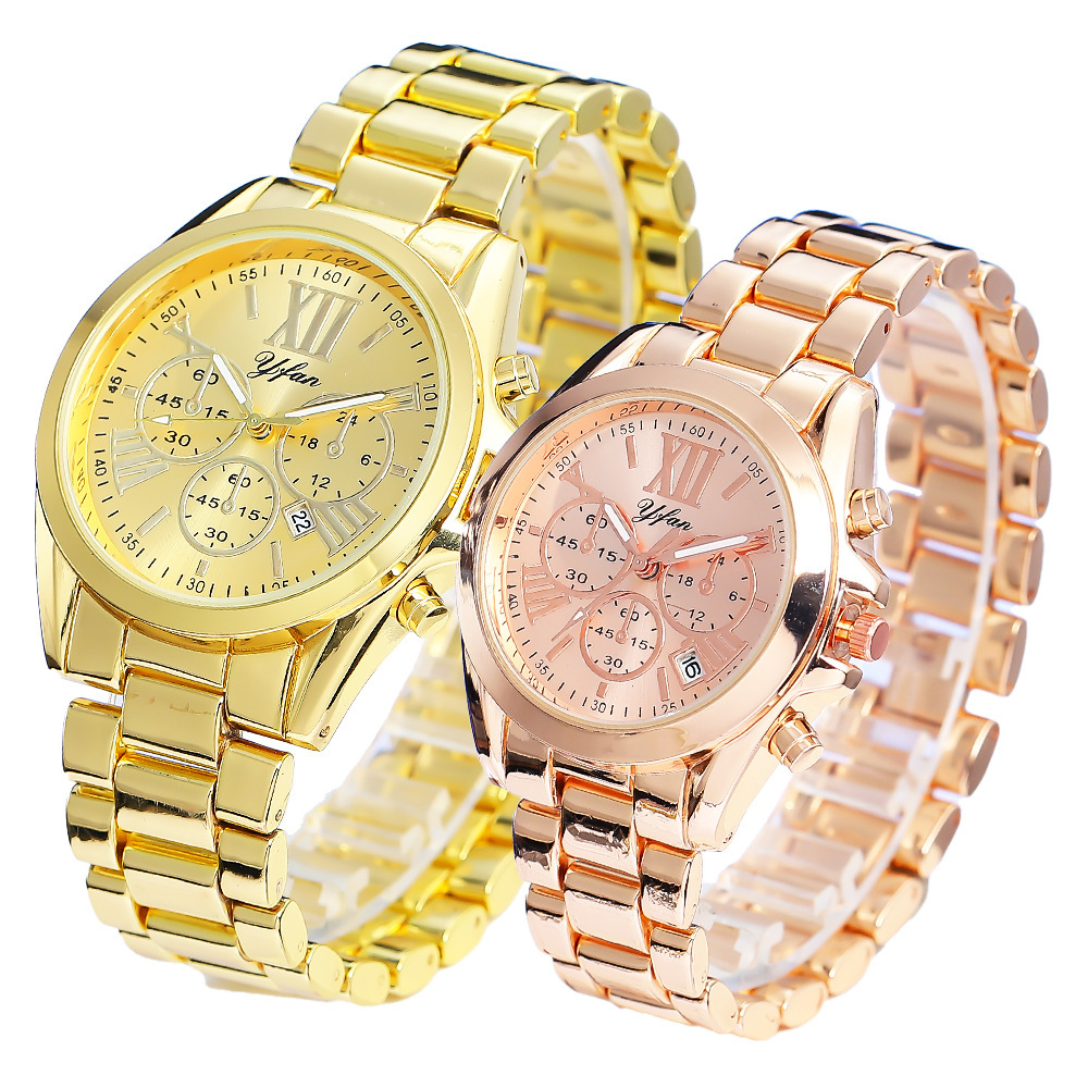 New fashionable steel band couple watch, business band calendar, simple three-eye design, waterproof gift quartz watch details Picture