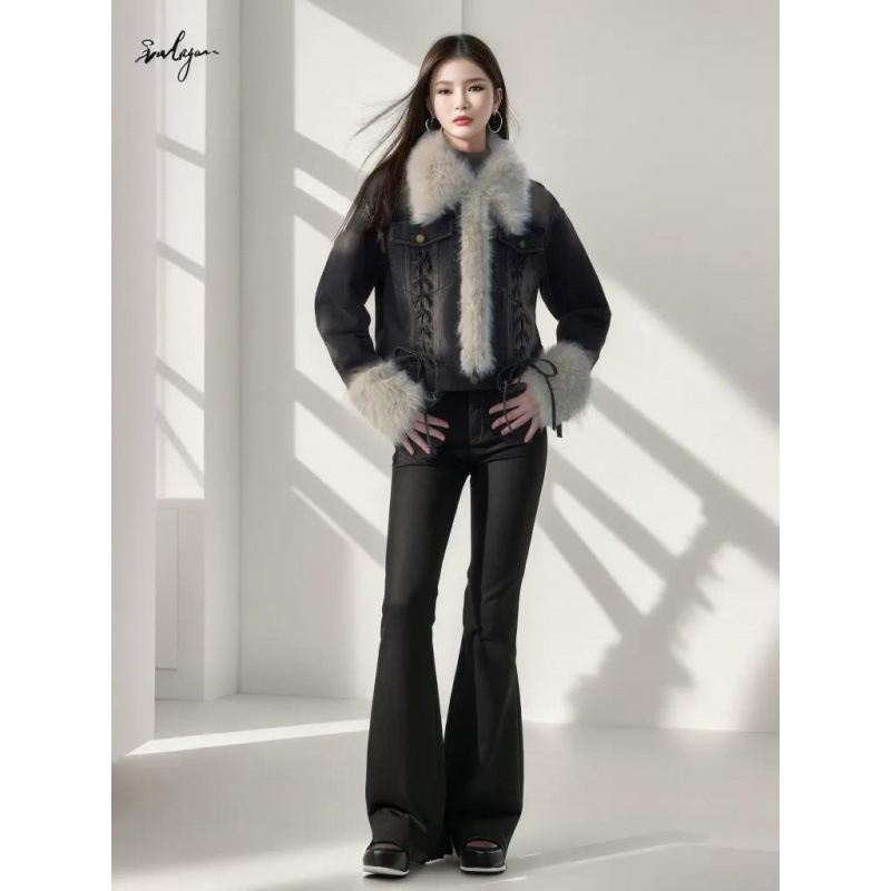 Spice Girl Woolly Stitching Strap Washed To Make Old Denim Jacket Feel Autumn Winter Cotton-Padded Coat details Picture