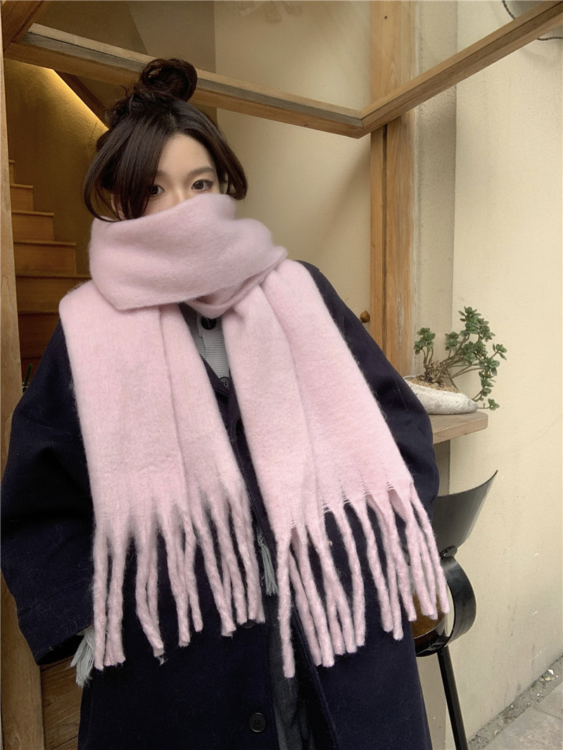 Solid-color mohair scarf for girls, 2023 autumn/winter new Korean style, versatile student faux cashmere warm shawl scarf pic 34