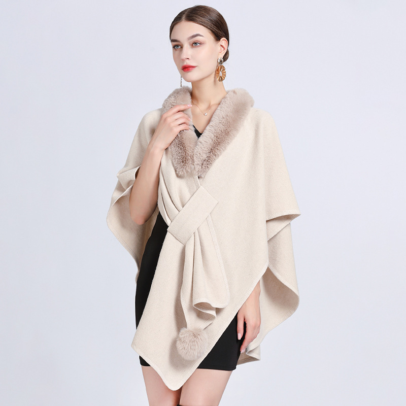 829# Factory Direct Sales New Imitation Rex Rabbit Fur Collar Cape Cape Women Loose Knitted Cardigan Large Size Wool Coat Application Scenario