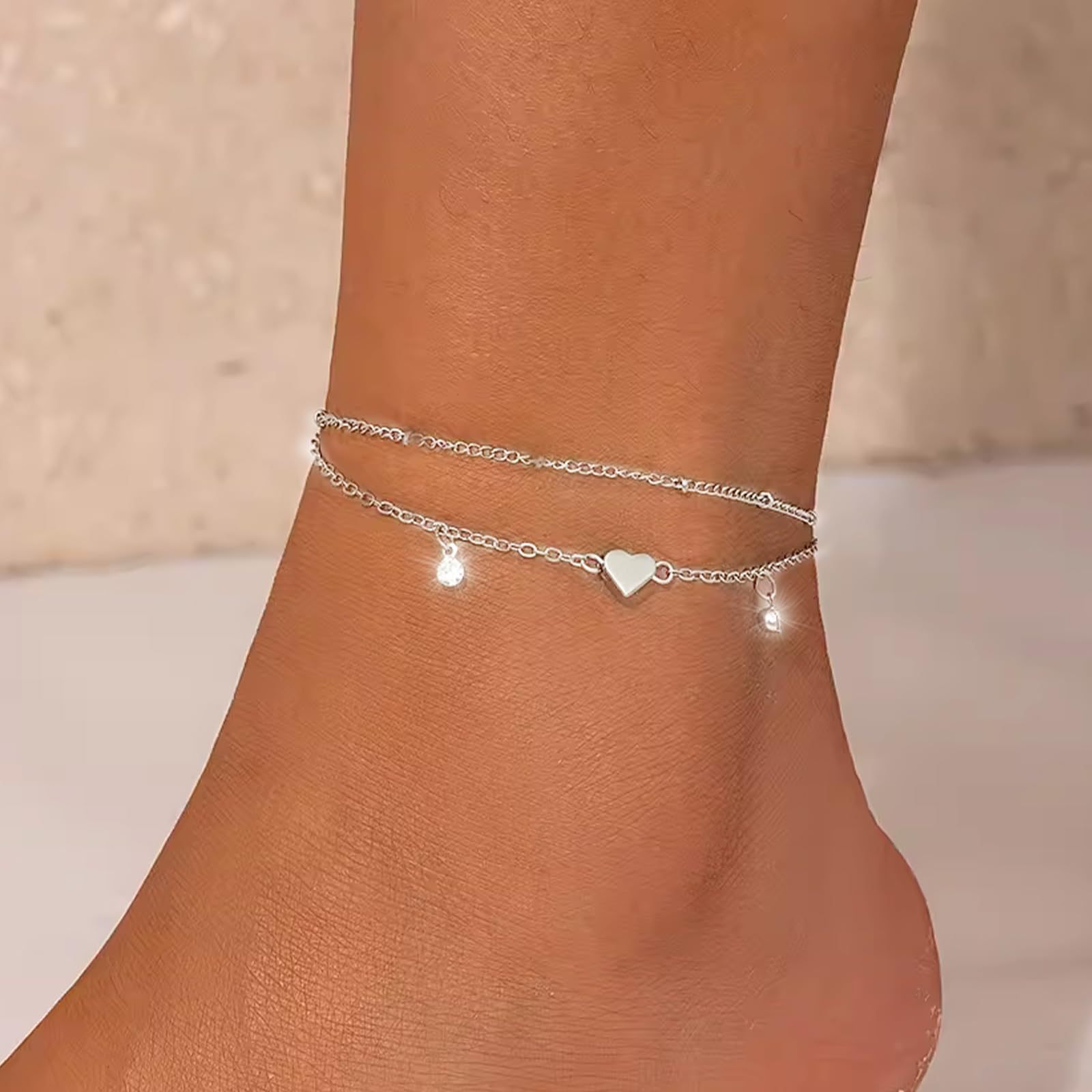 欧美2024年新款爱心水滴锆石吊坠分层脚链铜材质时尚潮流百搭足饰图