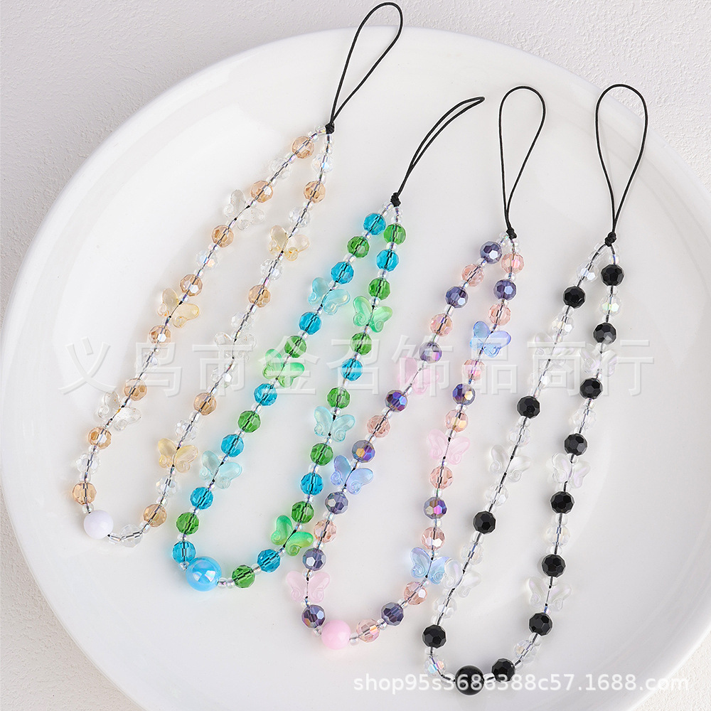 Hepburn style butterfly crystal mobile phone chain short lanyard, ins colorful round bead lanyard, ccd camera wrist pendant decoration