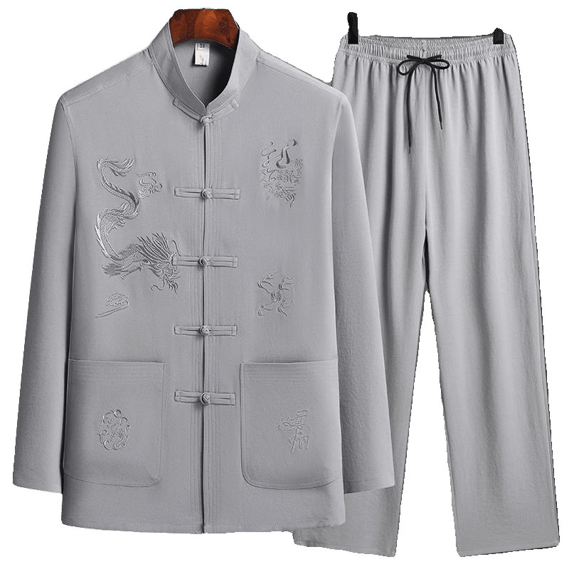 国潮中老年唐装男春夏棉麻长袖套装男爸爸装老年人爷爷宽松衣服