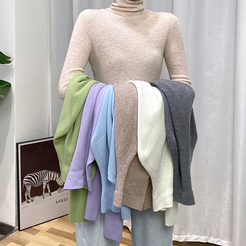 无缝一体全羊毛针织衫女2022冬季新款修身自由领套头打底纯色毛衣图