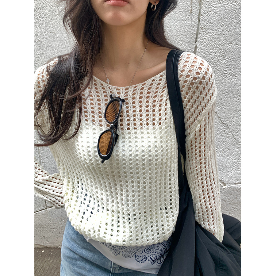 Huang Zheng's laid-back style cut-out long-sleeved knitted sweater for women in spring 2025, a Korean-style casual outerwear cardigan H1EE510046