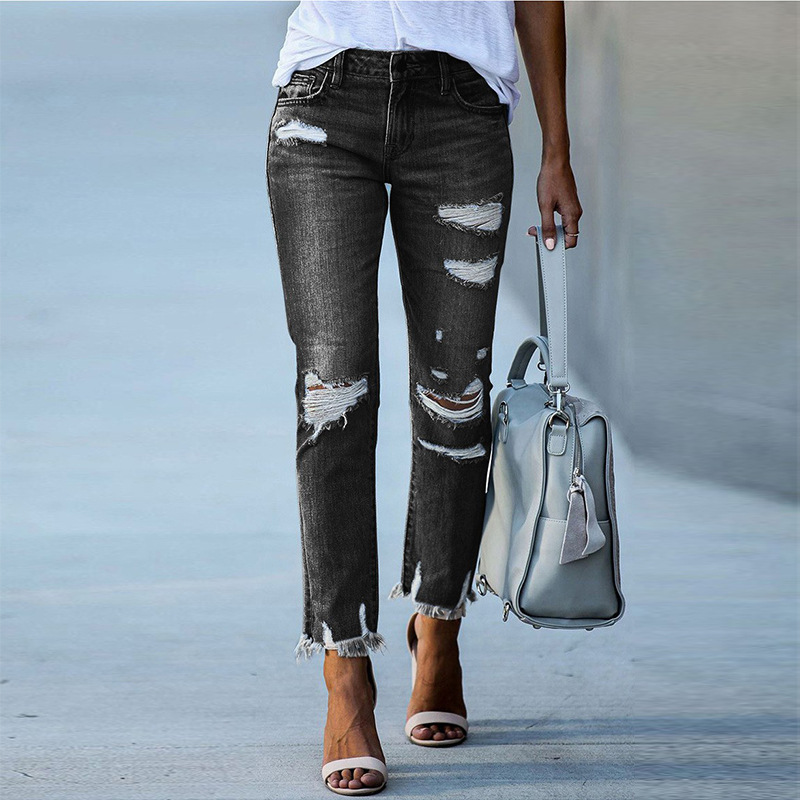 Factory direct sales of 2025 new style washed perforated fringed women's jeans, European and American slim stretch skinny pants wholesale Specification image