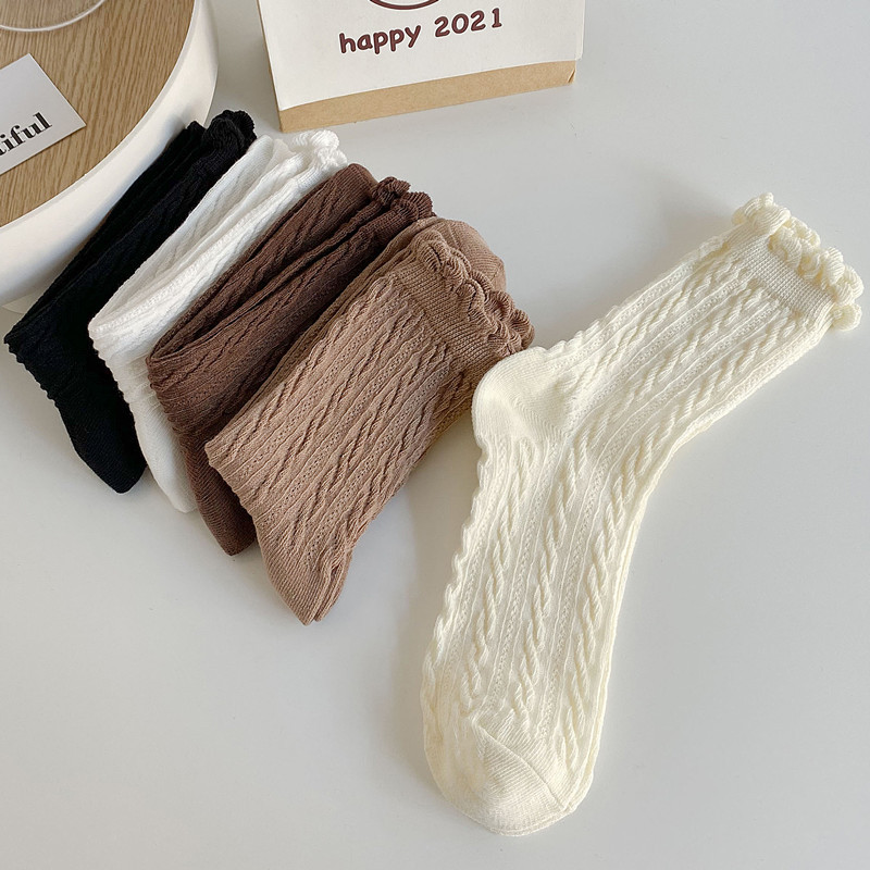 Lace socks, women's mid-calf socks, spring and autumn style, ins, trendy and cute Japanese solid color long socks, mid-calf cotton socks, JK white details Picture