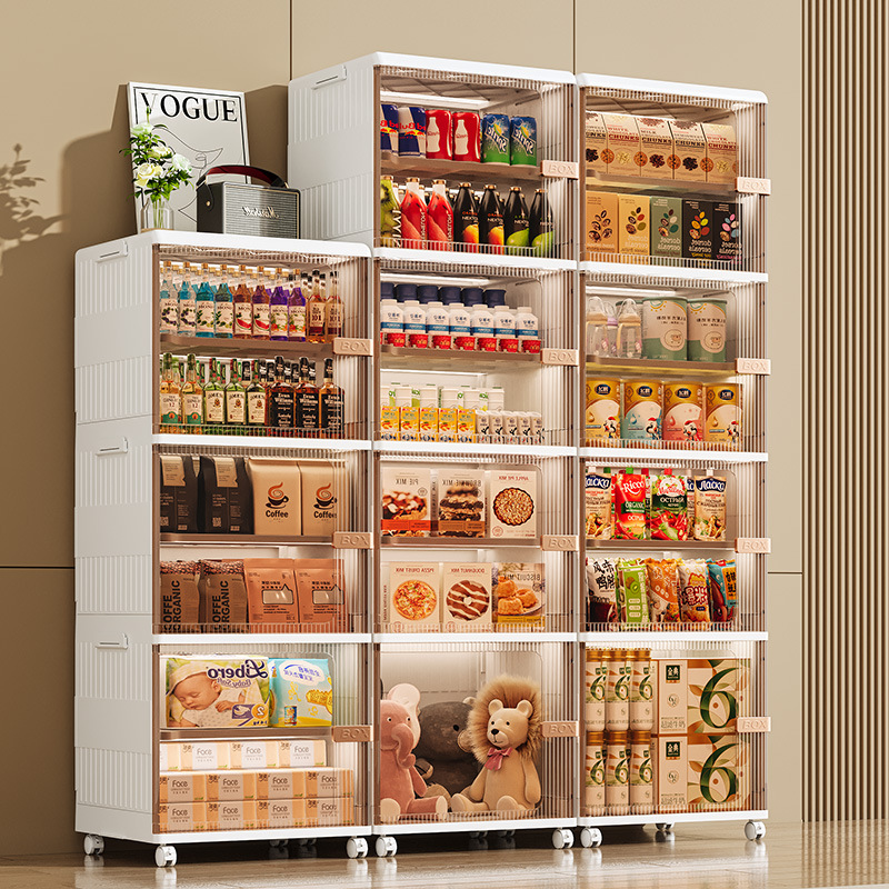 超大号客厅零食饮料收纳箱带轮可移动储物柜侧开门透明折叠收纳柜0414